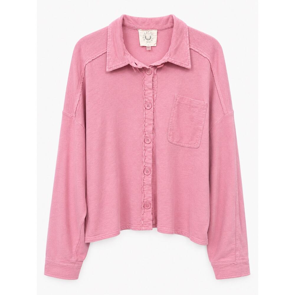 Fantastic Fawn Women Large Pink Cotton Oversized Crop Button Up Shacket Raw Hem